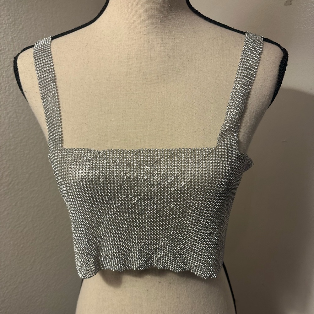 Silver Sequin Sleeveless Crop Tank Top